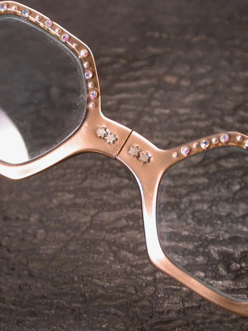 Vintage Fancy Hexagon Brown Rhinestone Folding Cat Eye Read Eyeglasses Lorgnette